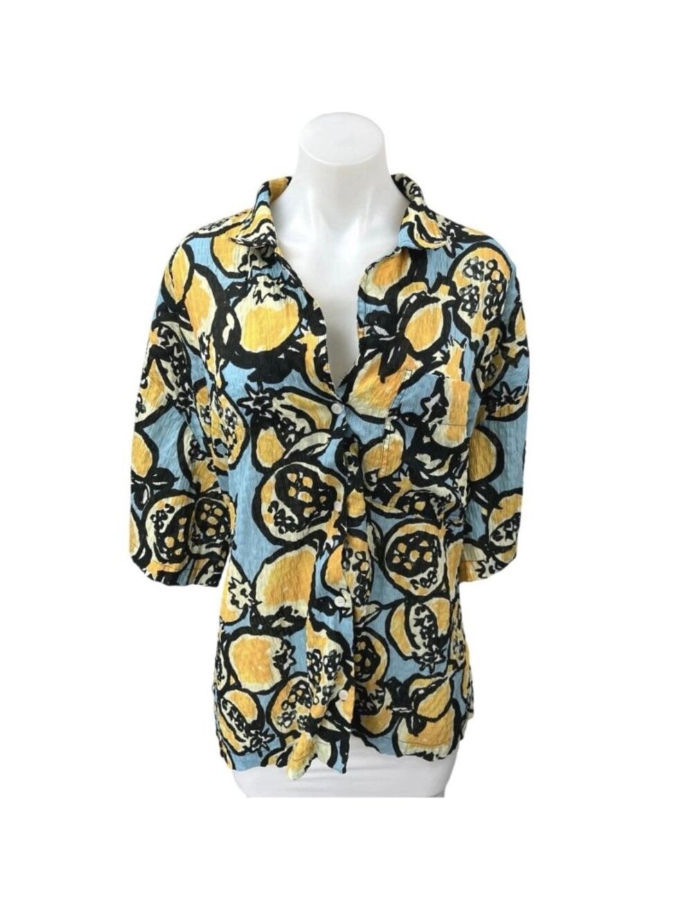 Zara Women's Multicolor Fruit Print Oversized Short Sleeve Button Up Shirt Top L